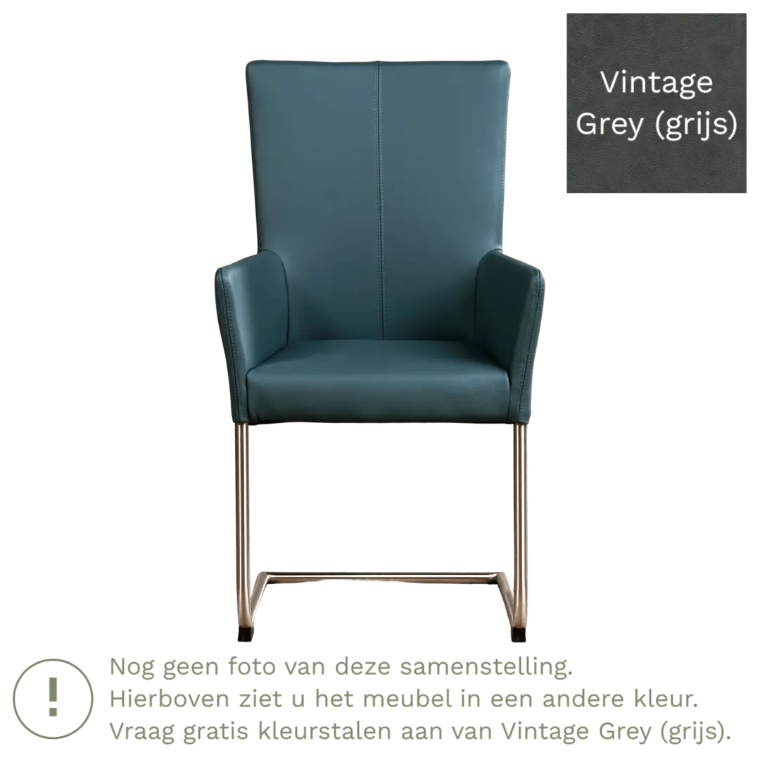 afbeelding van Leren eetkamerstoel Dry met armleuning - Vintage Grey (grijs) - Sledepoot staal rond RVS