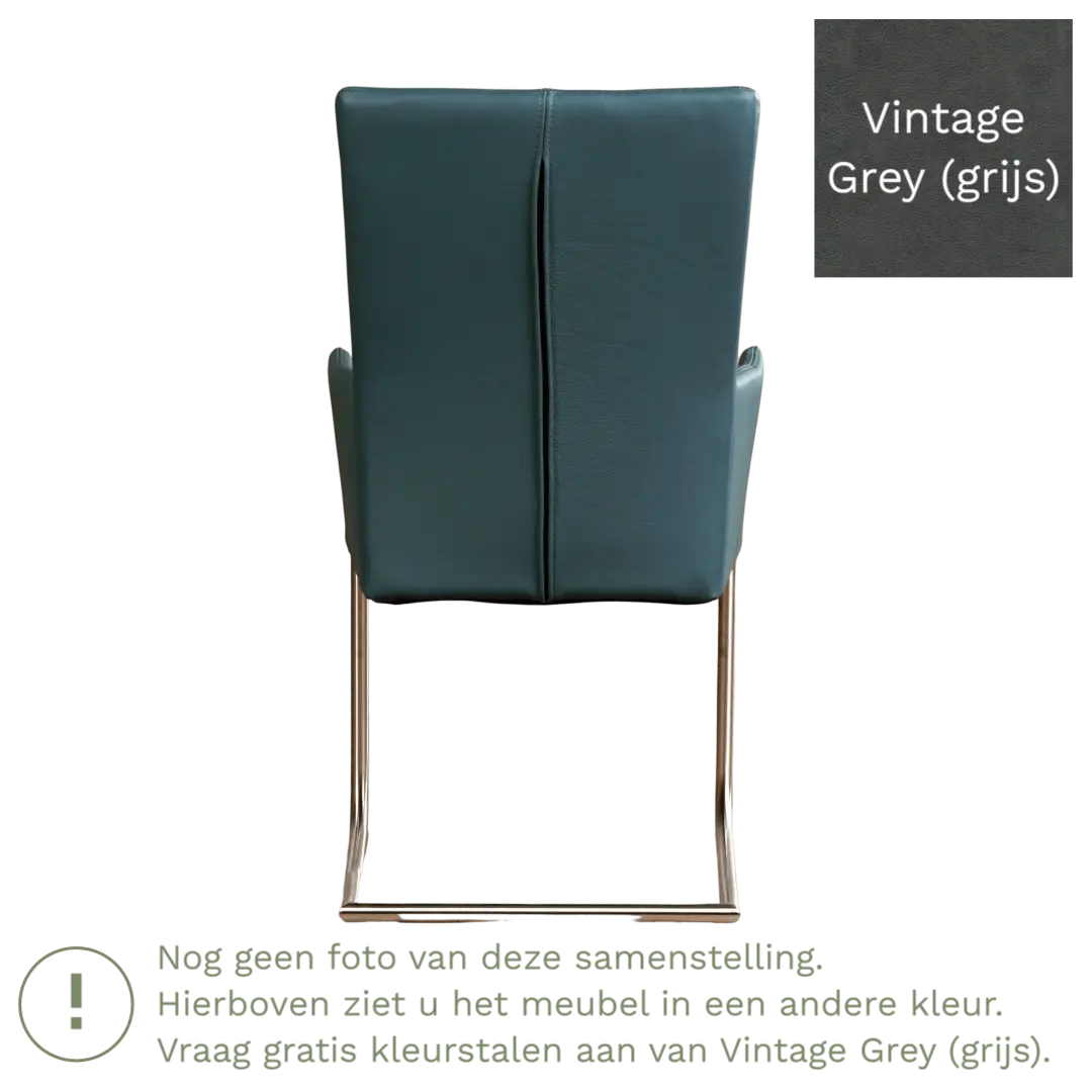 afbeelding van Leren eetkamerstoel Dry met armleuning - Vintage Grey (grijs) - Sledepoot staal rond RVS