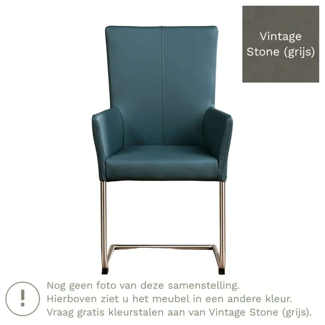 afbeelding van Leren eetkamerstoel Dry met armleuning - Vintage Stone (grijs) - Sledepoot staal rond zwart