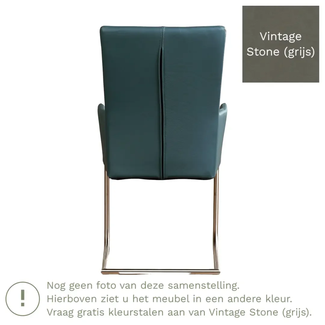 afbeelding van Leren eetkamerstoel Dry met armleuning - Vintage Stone (grijs) - Sledepoot staal rond zwart