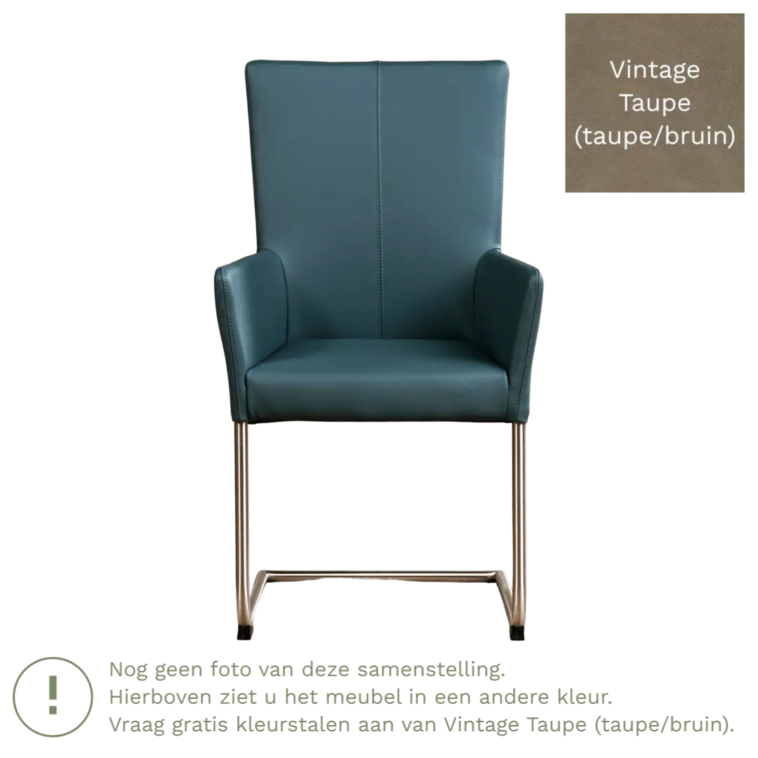afbeelding van Leren eetkamerstoel Dry met armleuning - Vintage Taupe (taupe/bruin) - Sledepoot staal rond RVS