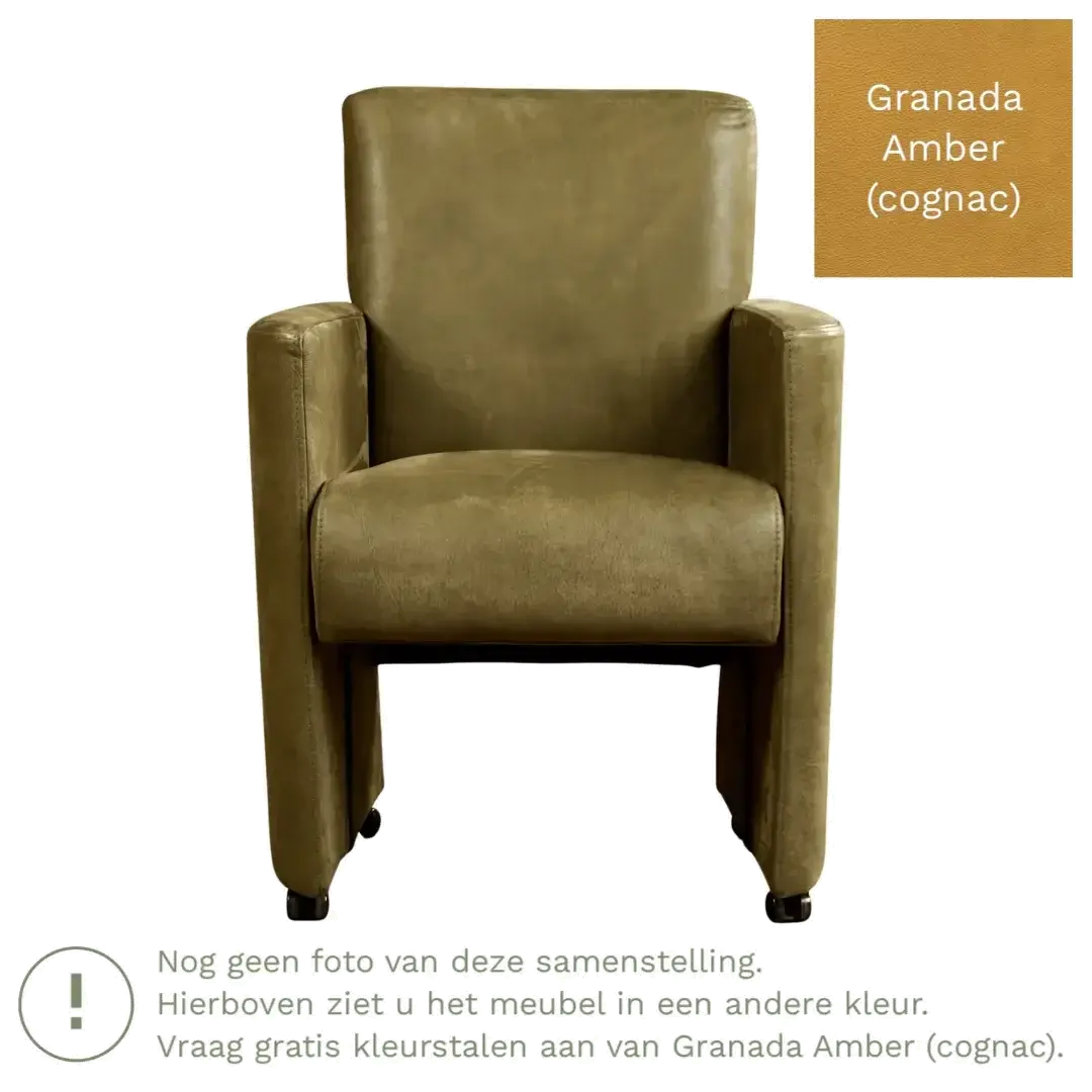 afbeelding van Leren eetkamerstoel Elegant - Granada Amber (cognac) - Met handgreep RVS