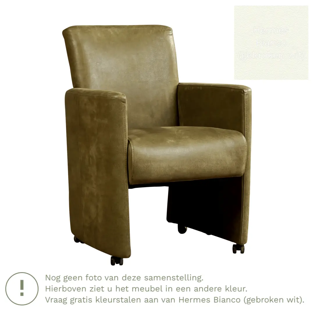 afbeelding van Leren eetkamerstoel Elegant - Hermes Bianco (gebroken wit) - Met handgreep RVS