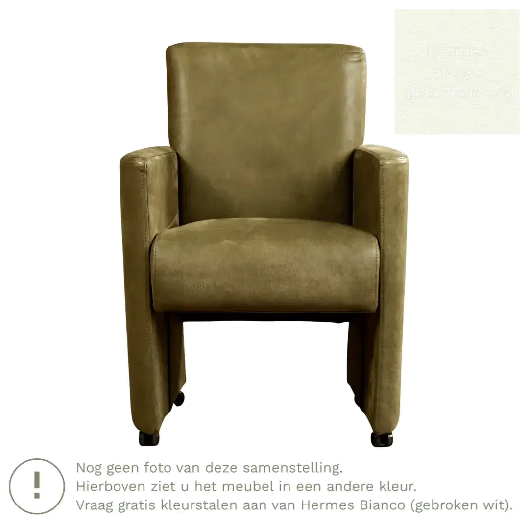 afbeelding van Leren eetkamerstoel Elegant - Hermes Bianco (gebroken wit) - Met handgreep RVS