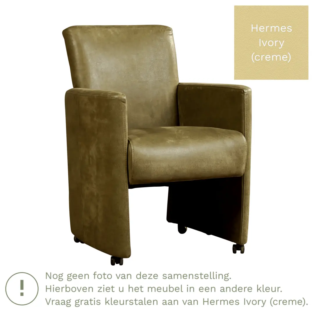 afbeelding van Leren eetkamerstoel Elegant - Hermes Ivory (crème) - Met handgreep RVS