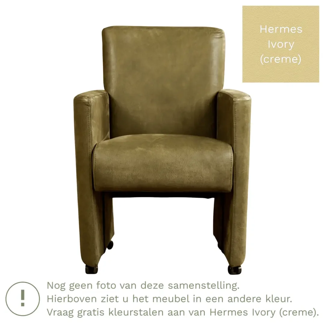 afbeelding van Leren eetkamerstoel Elegant - Hermes Ivory (crème) - Met handgreep RVS