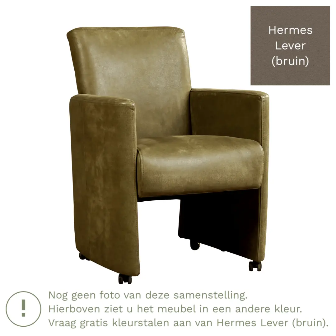 afbeelding van Leren eetkamerstoel Elegant - Hermes Lever (bruin) - Met handgreep RVS
