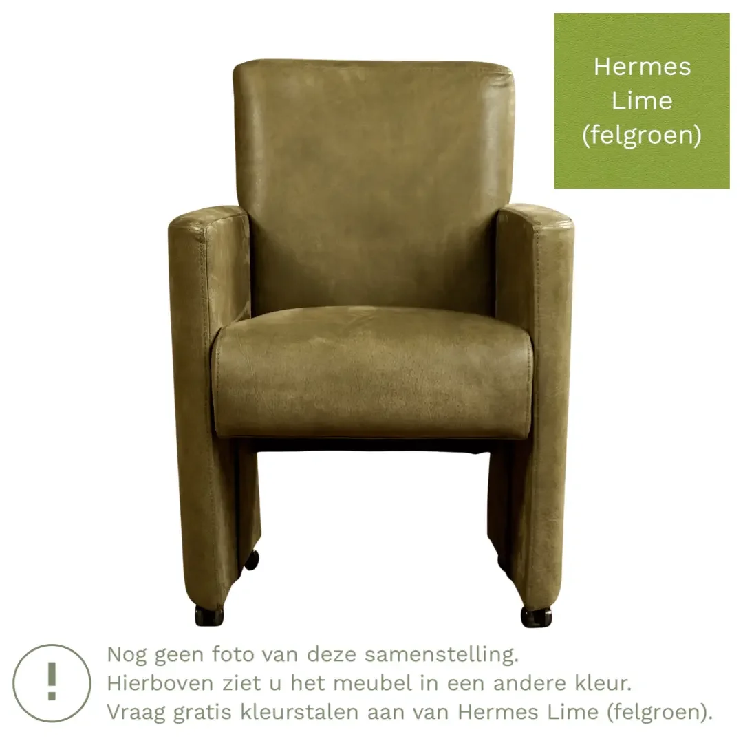 afbeelding van Leren eetkamerstoel Elegant - Hermes Lime (felgroen) - Met handgreep RVS