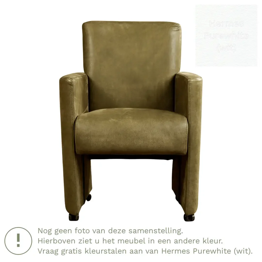 afbeelding van Leren eetkamerstoel Elegant - Hermes Purewhite (wit) - Met handgreep zwart