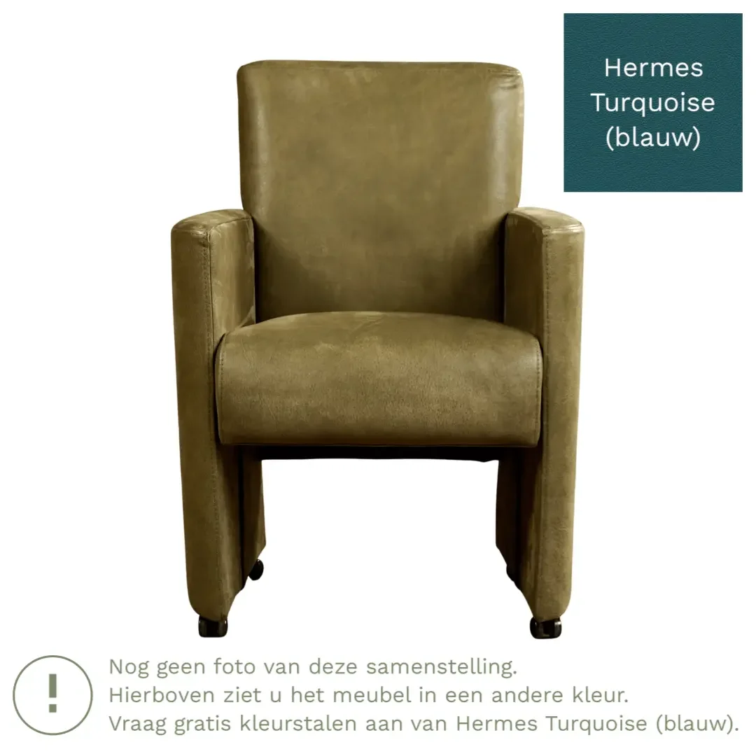 afbeelding van Leren eetkamerstoel Elegant - Hermes Turquoise (blauw) - Met handgreep zwart