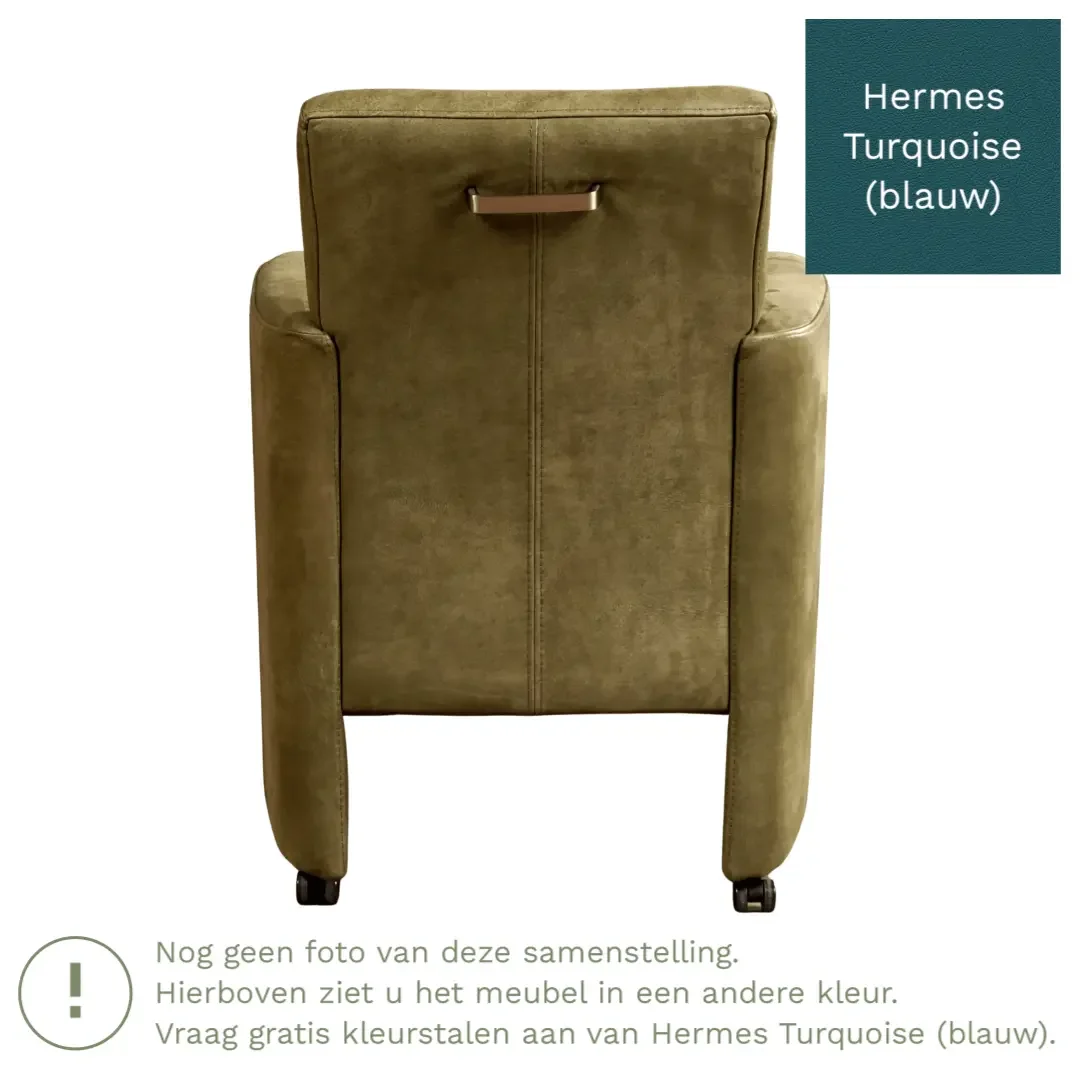 afbeelding van Leren eetkamerstoel Elegant - Hermes Turquoise (blauw) - Met handgreep zwart
