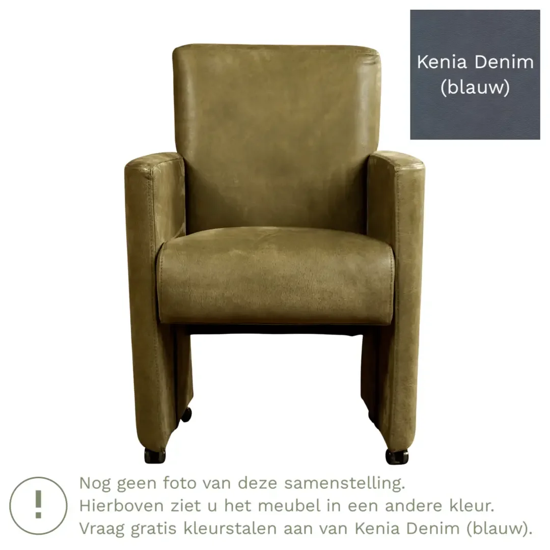 afbeelding van Leren eetkamerstoel Elegant - Kenia Denim (blauw) - Met handgreep zwart