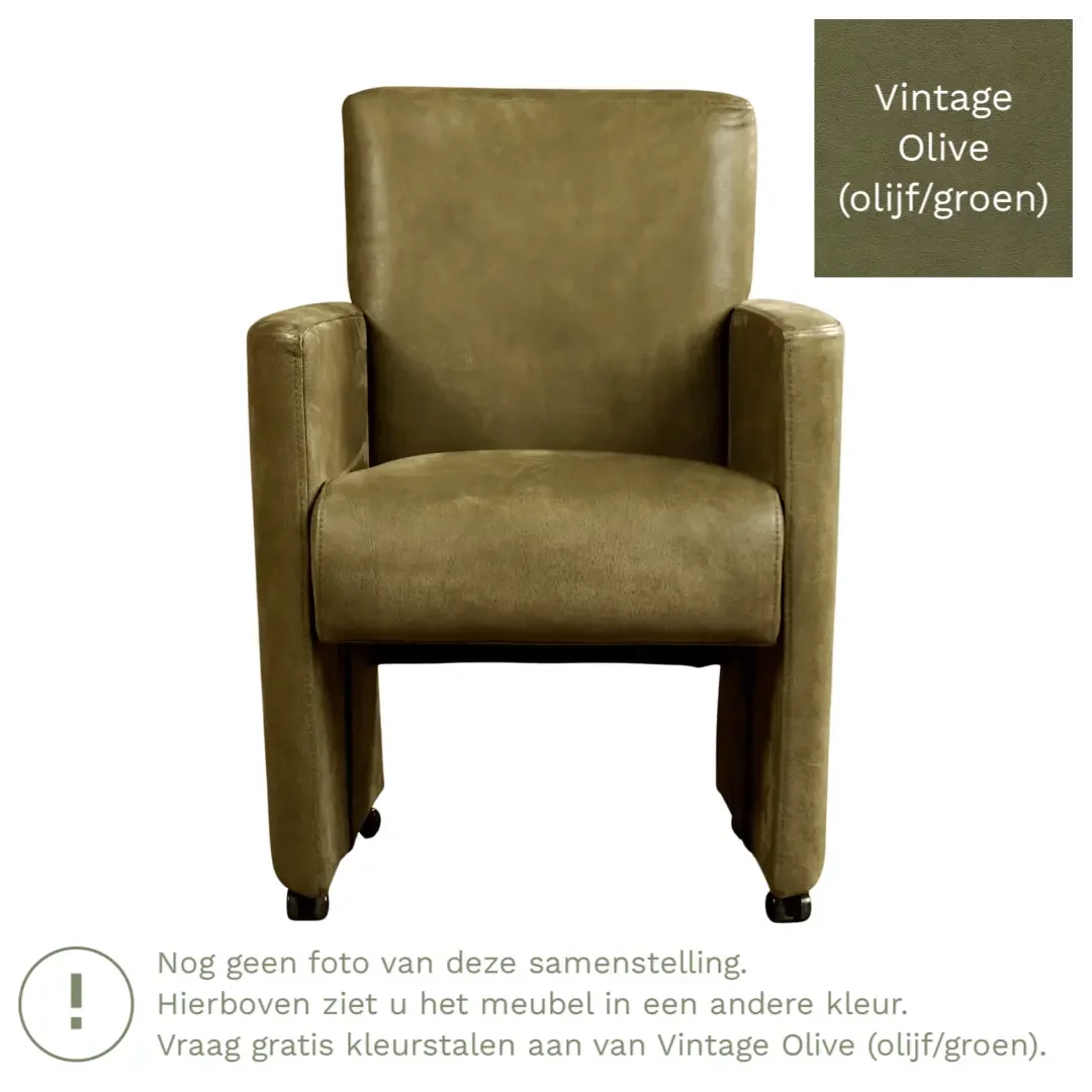 afbeelding van Leren eetkamerstoel Elegant - Vintage Olive (olijf/groen) - Met handgreep RVS