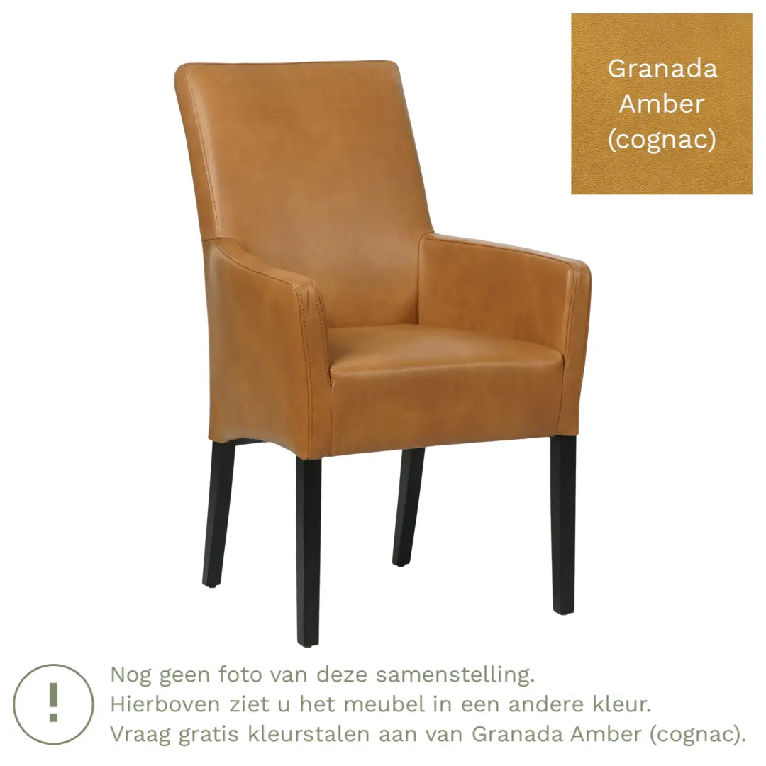 afbeelding van Leren eetkamerstoel Just met armleuning - Granada Amber (cognac) - Poten hout zwart