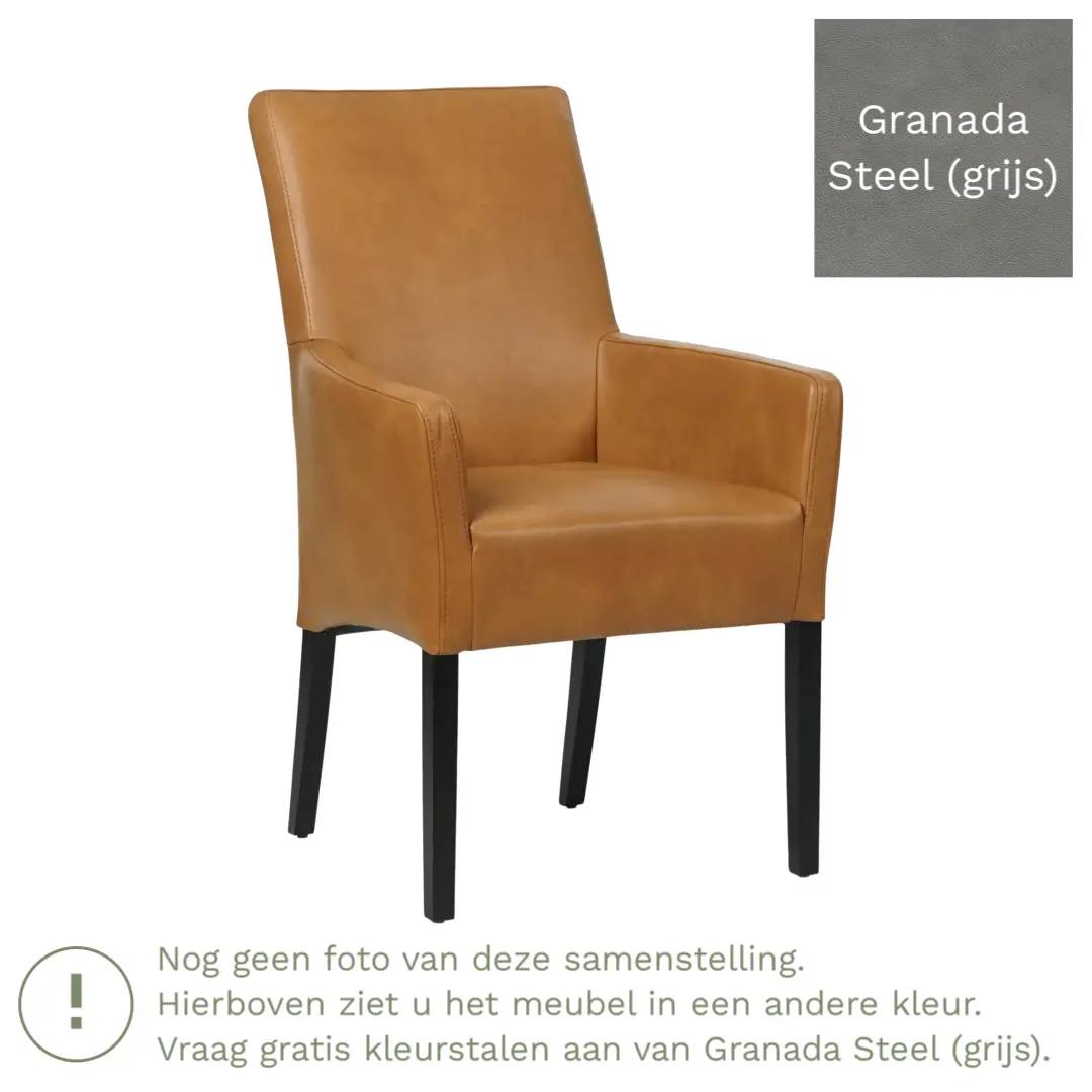 afbeelding van Leren eetkamerstoel Just met armleuning - Granada Steel (grijs) - Poten hout zwart