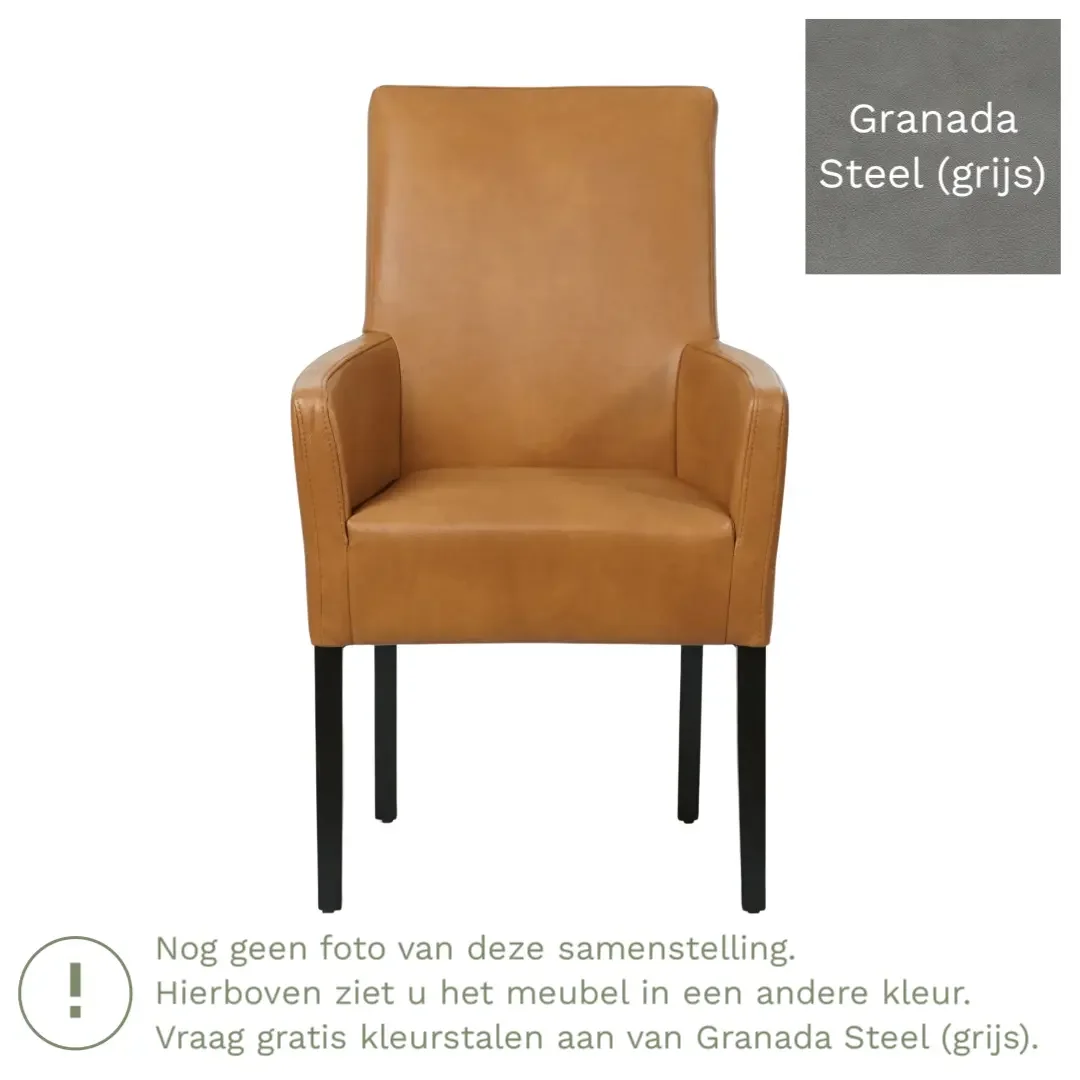 afbeelding van Leren eetkamerstoel Just met armleuning - Granada Steel (grijs) - Poten hout zwart