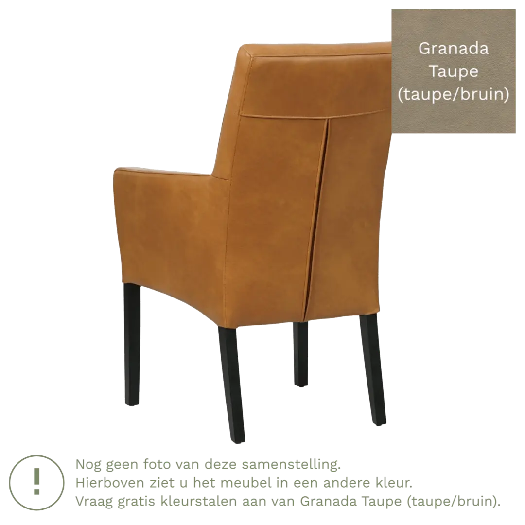 afbeelding van Leren eetkamerstoel Just met armleuning - Granada Taupe (taupe/bruin) - Poten hout zwart