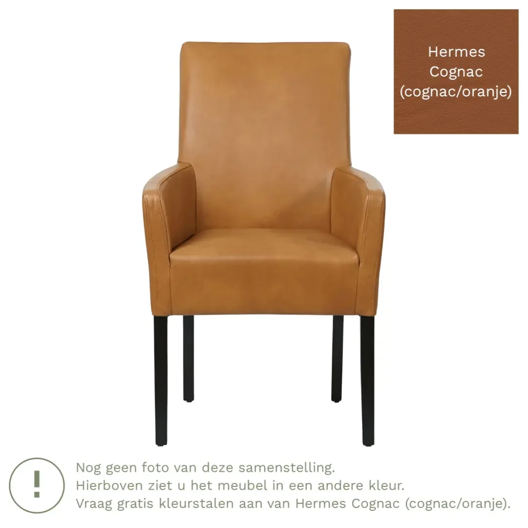 afbeelding van Leren eetkamerstoel Just met armleuning - Hermes Cognac (cognac/oranje) - Poten hout zwart
