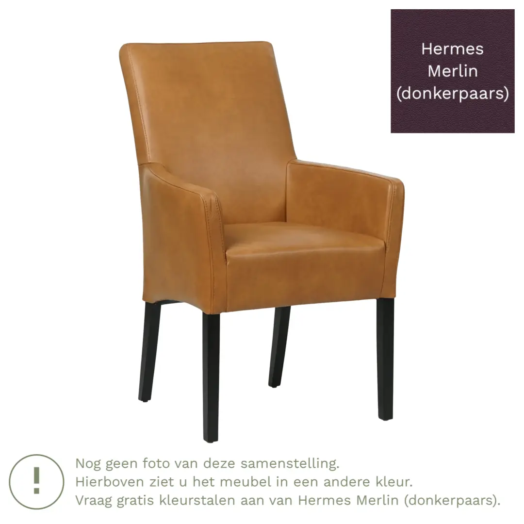 afbeelding van Leren eetkamerstoel Just met armleuning - Hermes Merlin (donkerpaars) - Poten hout zwart