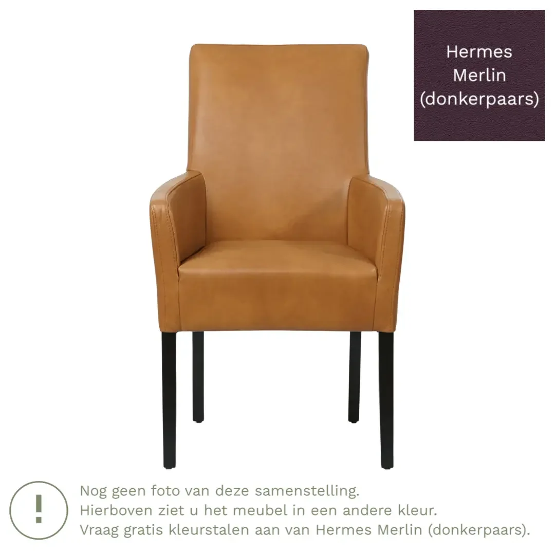 afbeelding van Leren eetkamerstoel Just met armleuning - Hermes Merlin (donkerpaars) - Poten hout zwart