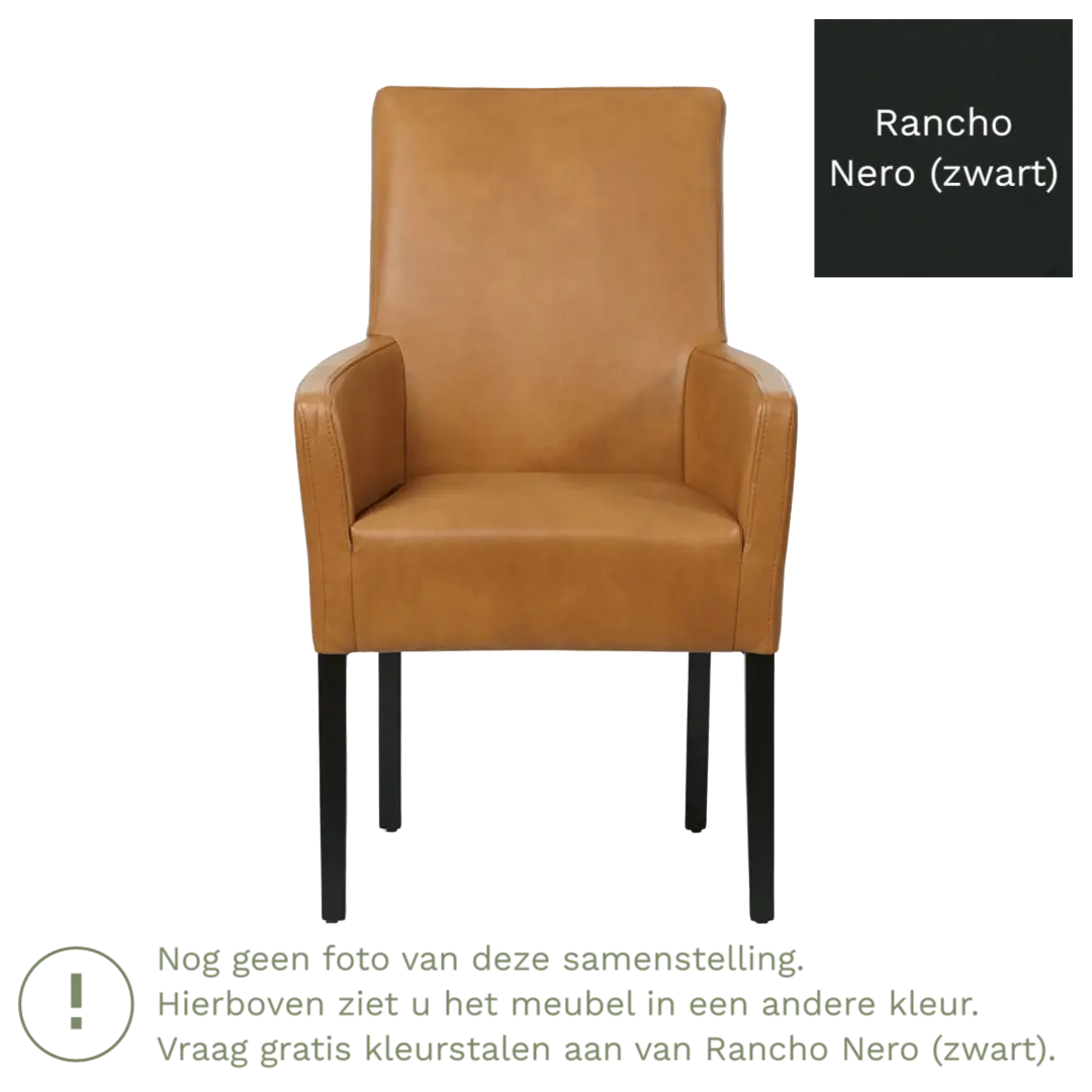 afbeelding van Leren eetkamerstoel Just met armleuning - Rancho Nero (zwart) - Poten hout zwart
