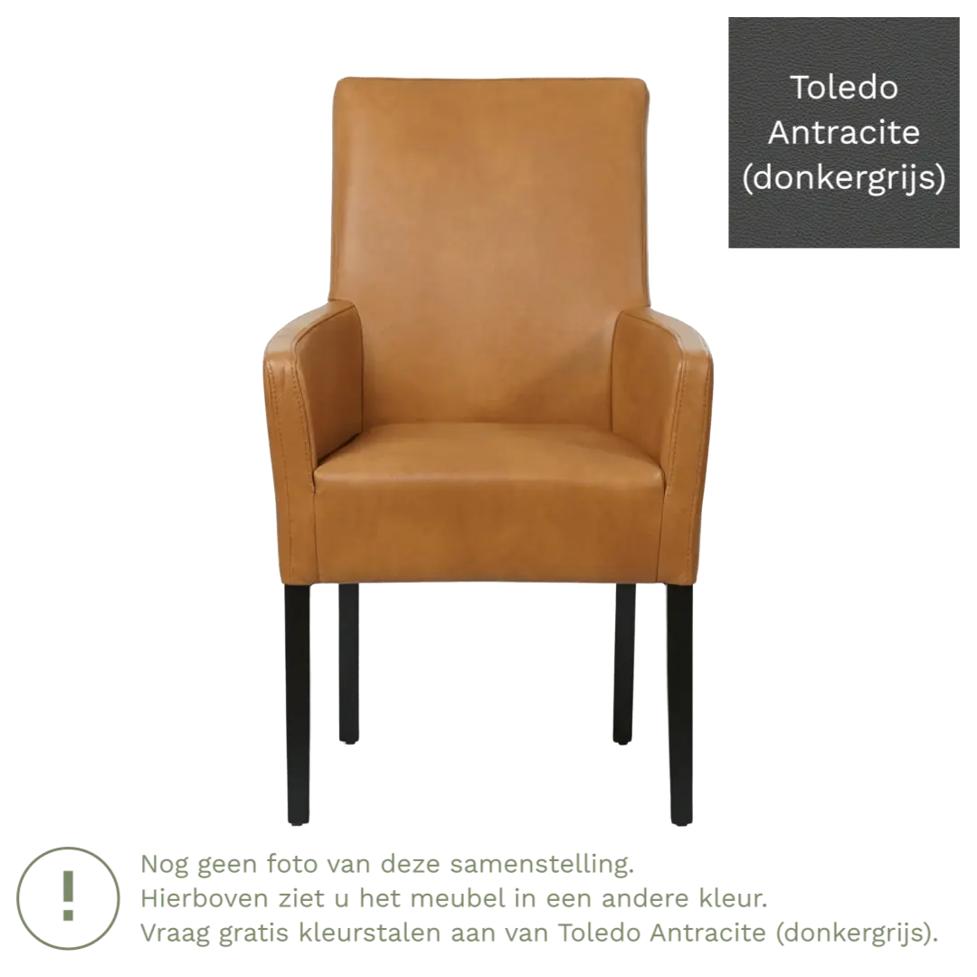 afbeelding van Leren eetkamerstoel Just met armleuning - Toledo Antracite (donkergrijs) - Poten hout zwart