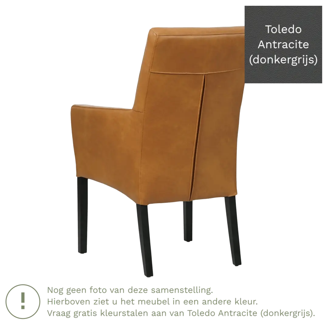 afbeelding van Leren eetkamerstoel Just met armleuning - Toledo Antracite (donkergrijs) - Poten hout zwart