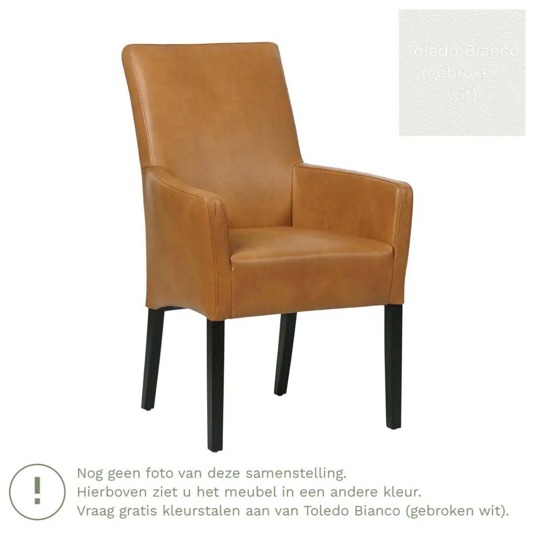 afbeelding van Leren eetkamerstoel Just met armleuning - Toledo Bianco (gebroken wit) - Poten hout zwart