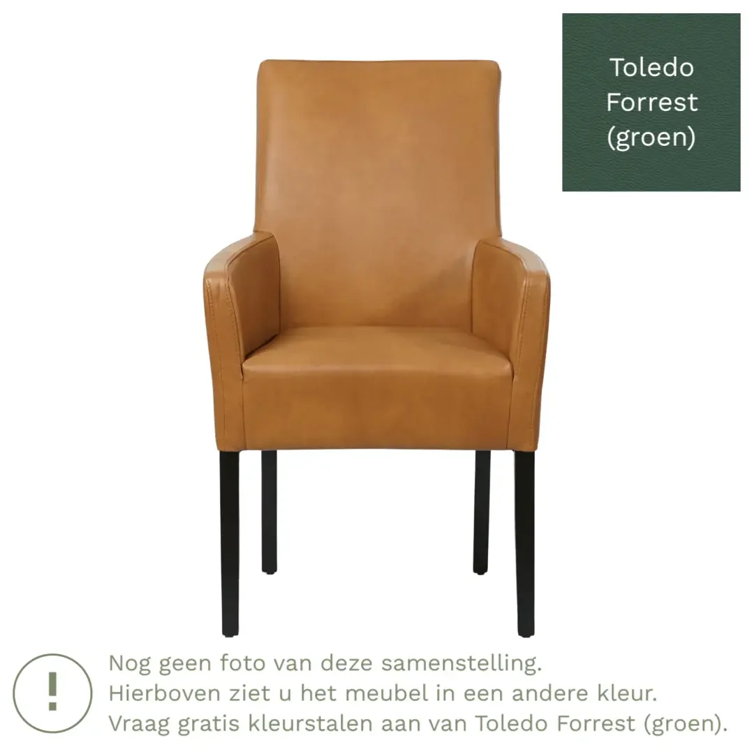 afbeelding van Leren eetkamerstoel Just met armleuning - Toledo Forrest (groen) - Poten hout zwart