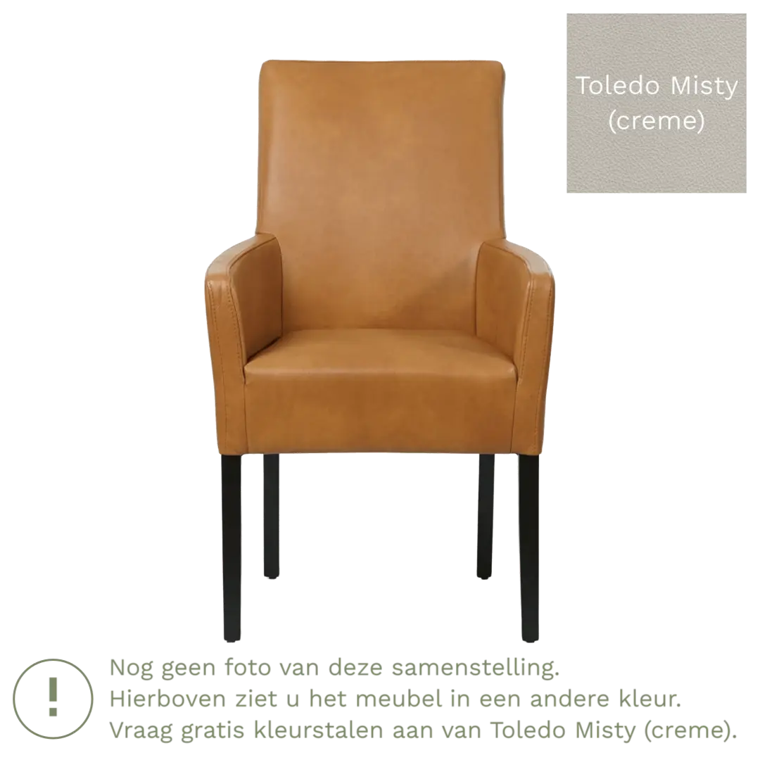 afbeelding van Leren eetkamerstoel Just met armleuning - Toledo Misty (crème) - Poten hout zwart