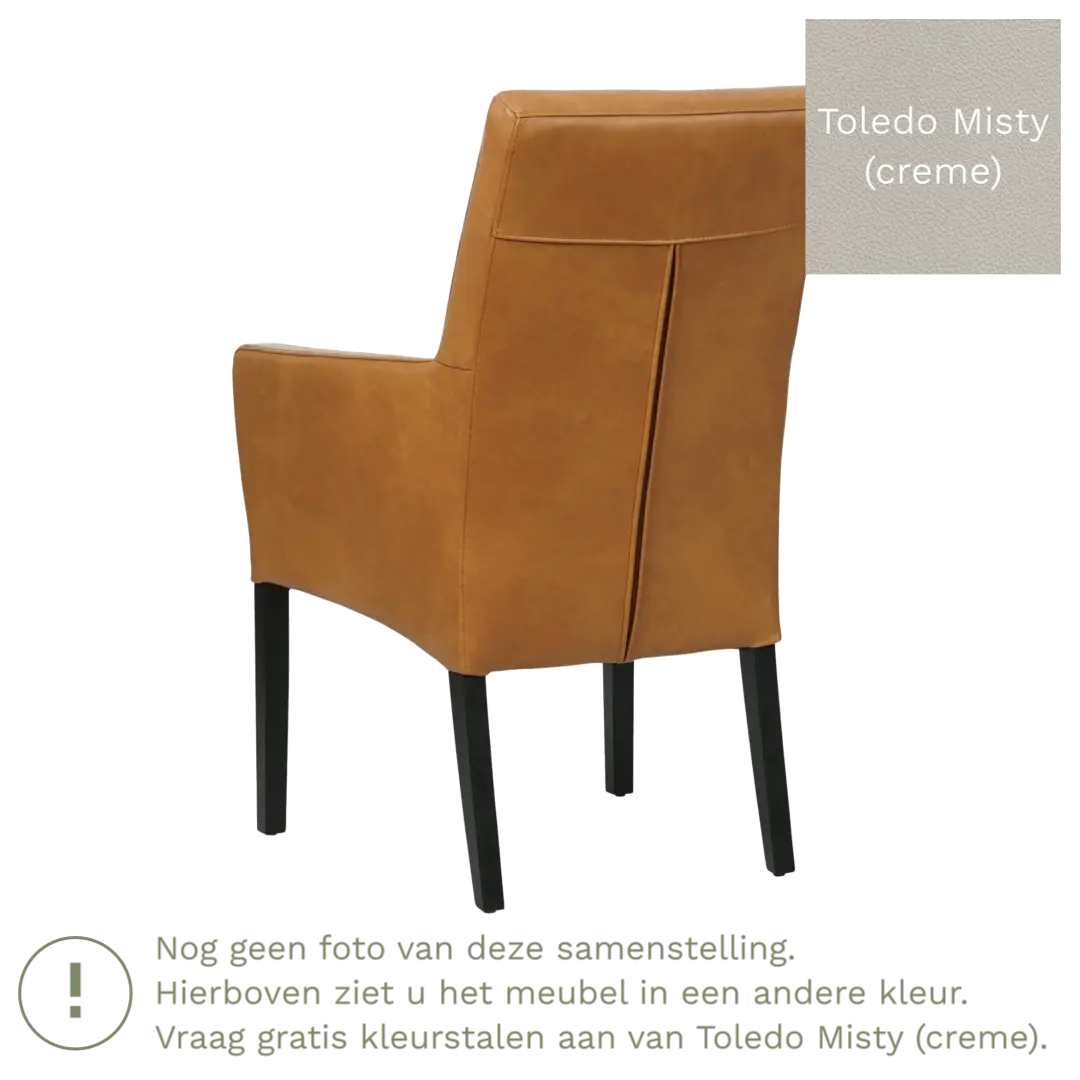 afbeelding van Leren eetkamerstoel Just met armleuning - Toledo Misty (crème) - Poten hout zwart