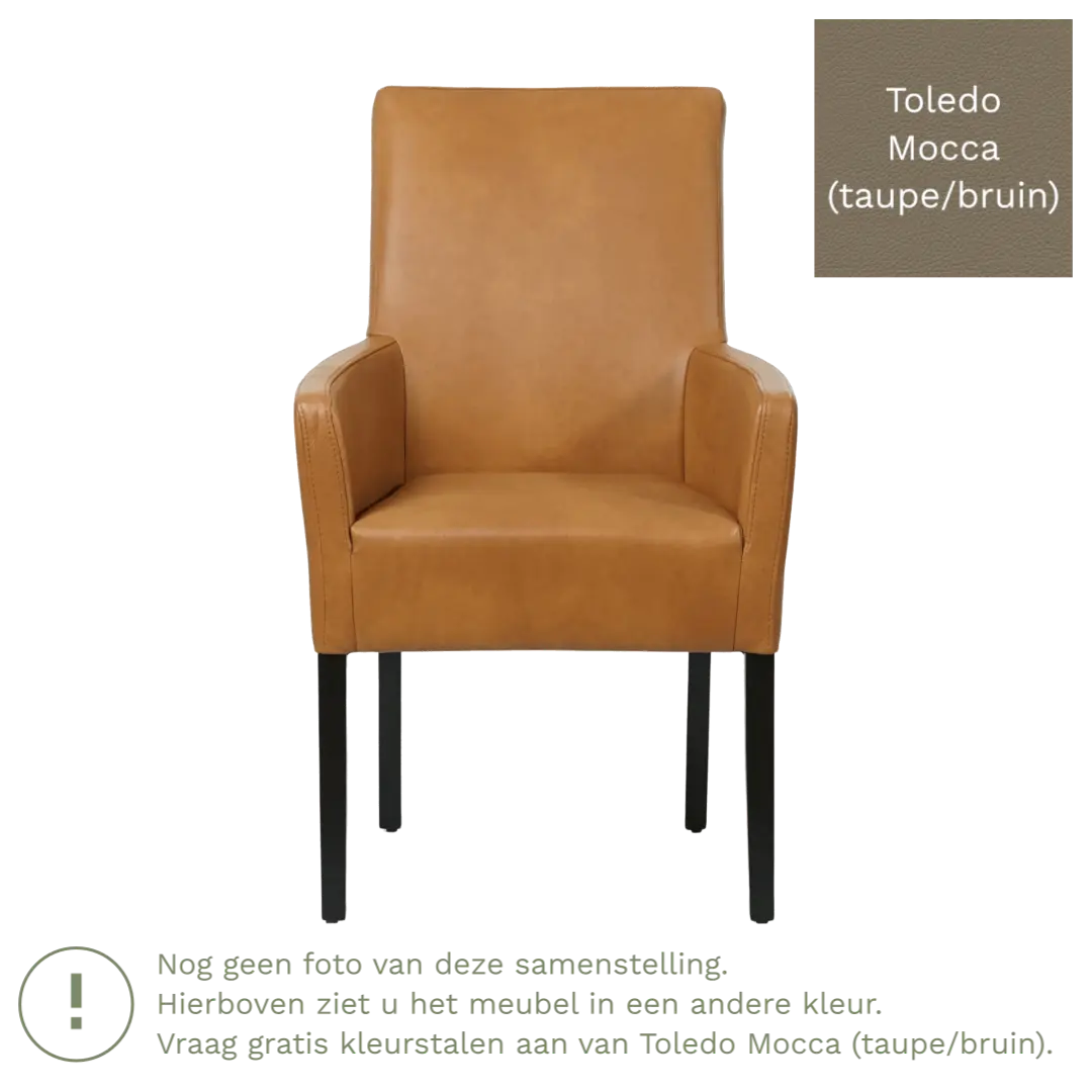 afbeelding van Leren eetkamerstoel Just met armleuning - Toledo Mocca (taupe/bruin) - Poten hout zwart