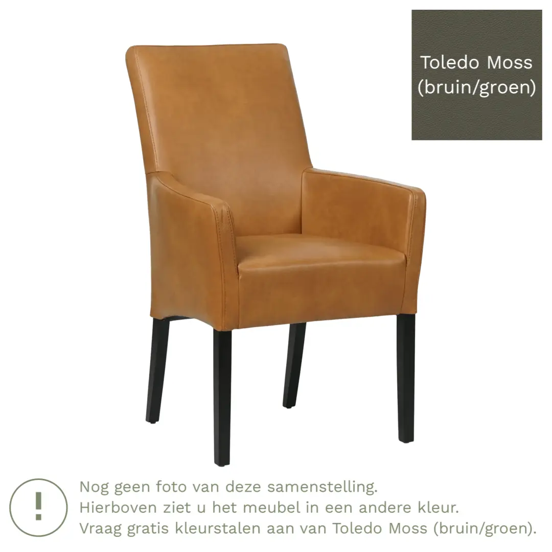 afbeelding van Leren eetkamerstoel Just met armleuning - Toledo Moss (bruin/groen) - Poten hout zwart