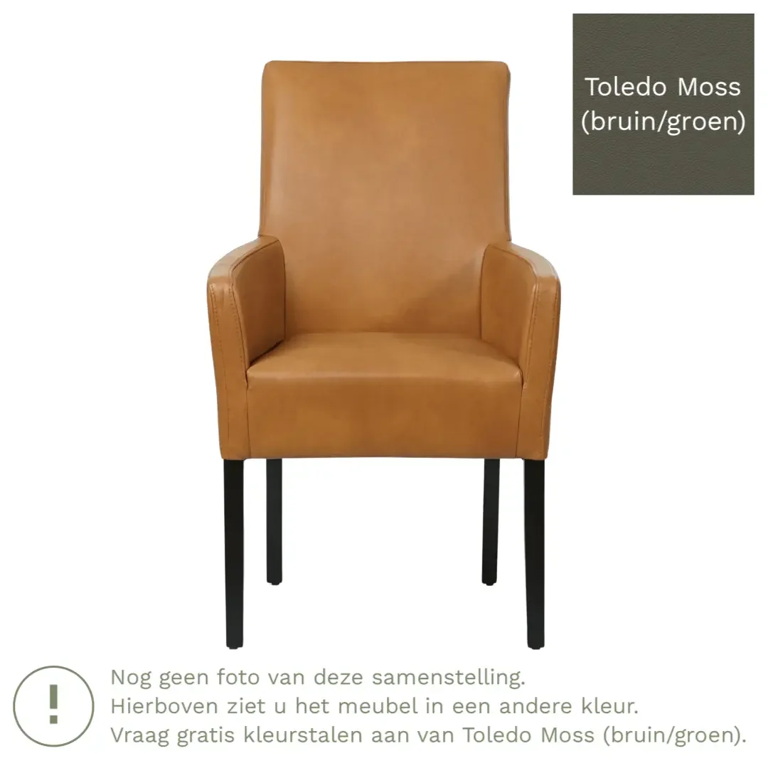 afbeelding van Leren eetkamerstoel Just met armleuning - Toledo Moss (bruin/groen) - Poten hout zwart