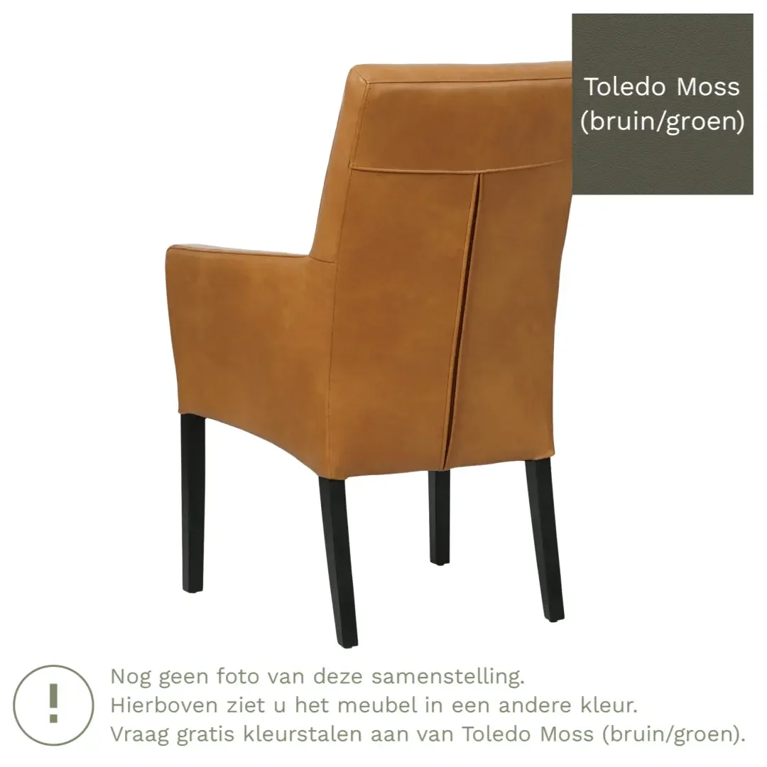 afbeelding van Leren eetkamerstoel Just met armleuning - Toledo Moss (bruin/groen) - Poten hout zwart