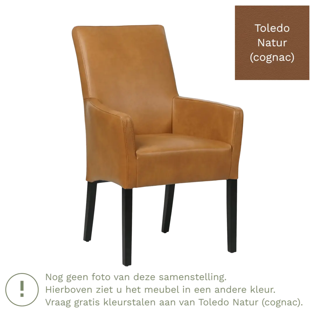afbeelding van Leren eetkamerstoel Just met armleuning - Toledo Natur (cognac) - Poten hout zwart