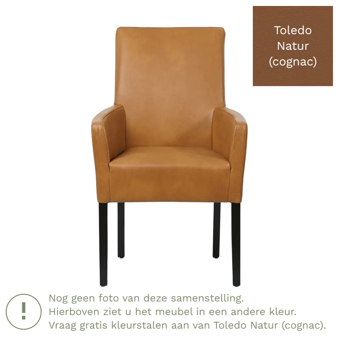 afbeelding van Leren eetkamerstoel Just met armleuning - Toledo Natur (cognac) - Poten hout zwart
