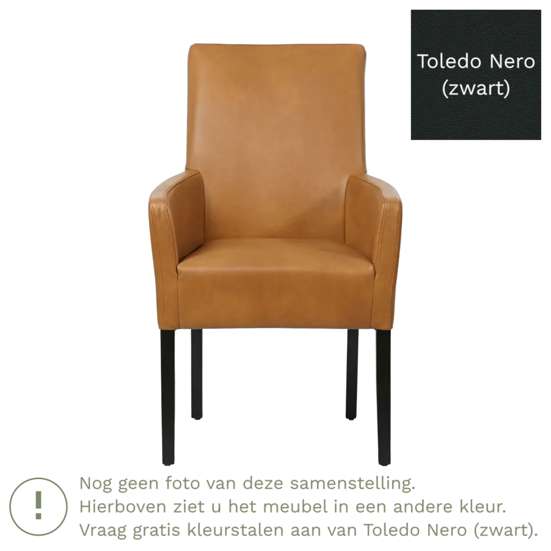 afbeelding van Leren eetkamerstoel Just met armleuning - Toledo Nero (zwart) - Poten hout zwart