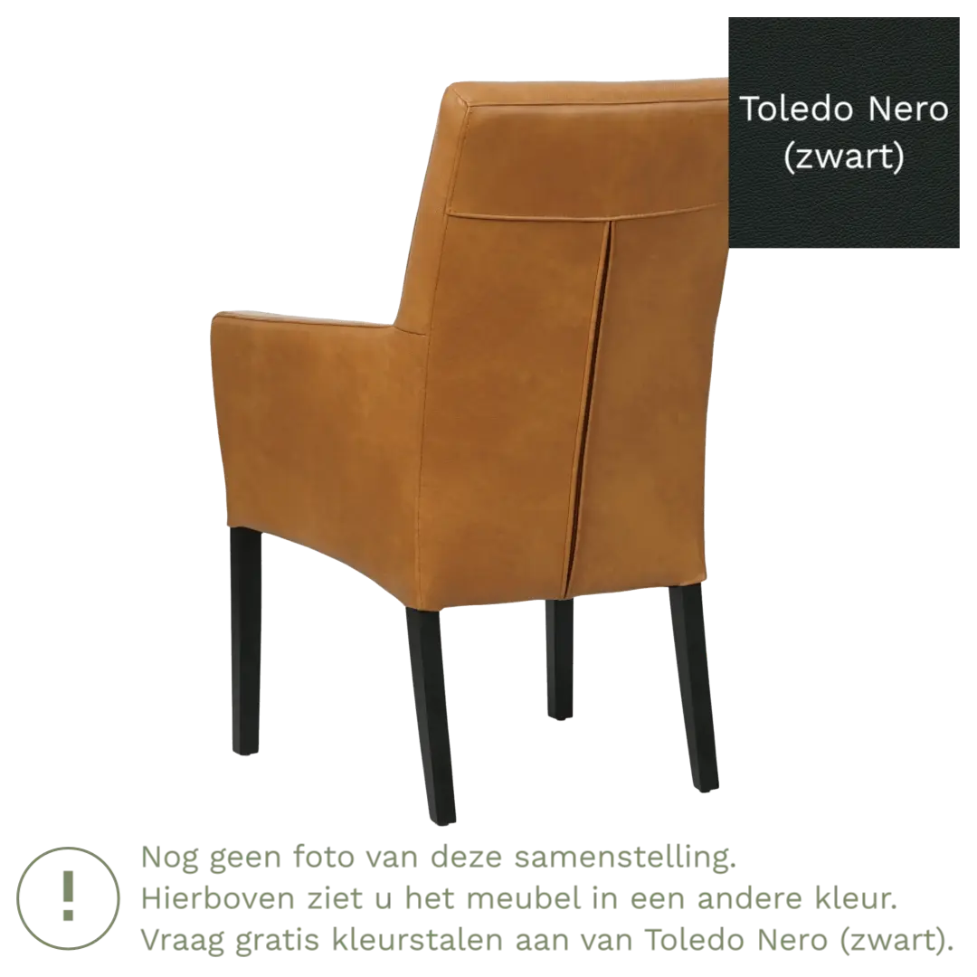 afbeelding van Leren eetkamerstoel Just met armleuning - Toledo Nero (zwart) - Poten hout zwart