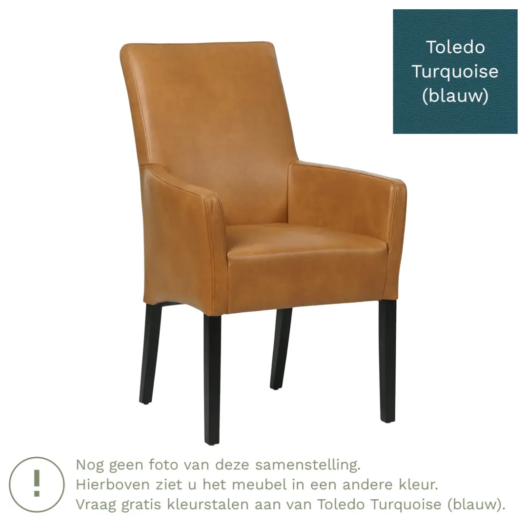 afbeelding van Leren eetkamerstoel Just met armleuning - Toledo Turquoise (blauw) - Poten hout zwart