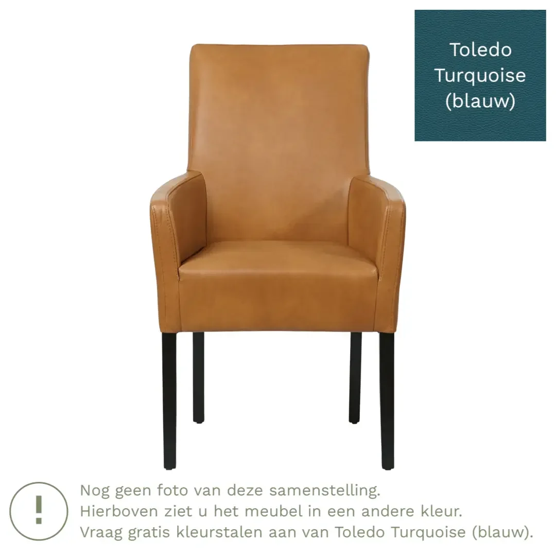 afbeelding van Leren eetkamerstoel Just met armleuning - Toledo Turquoise (blauw) - Poten hout zwart