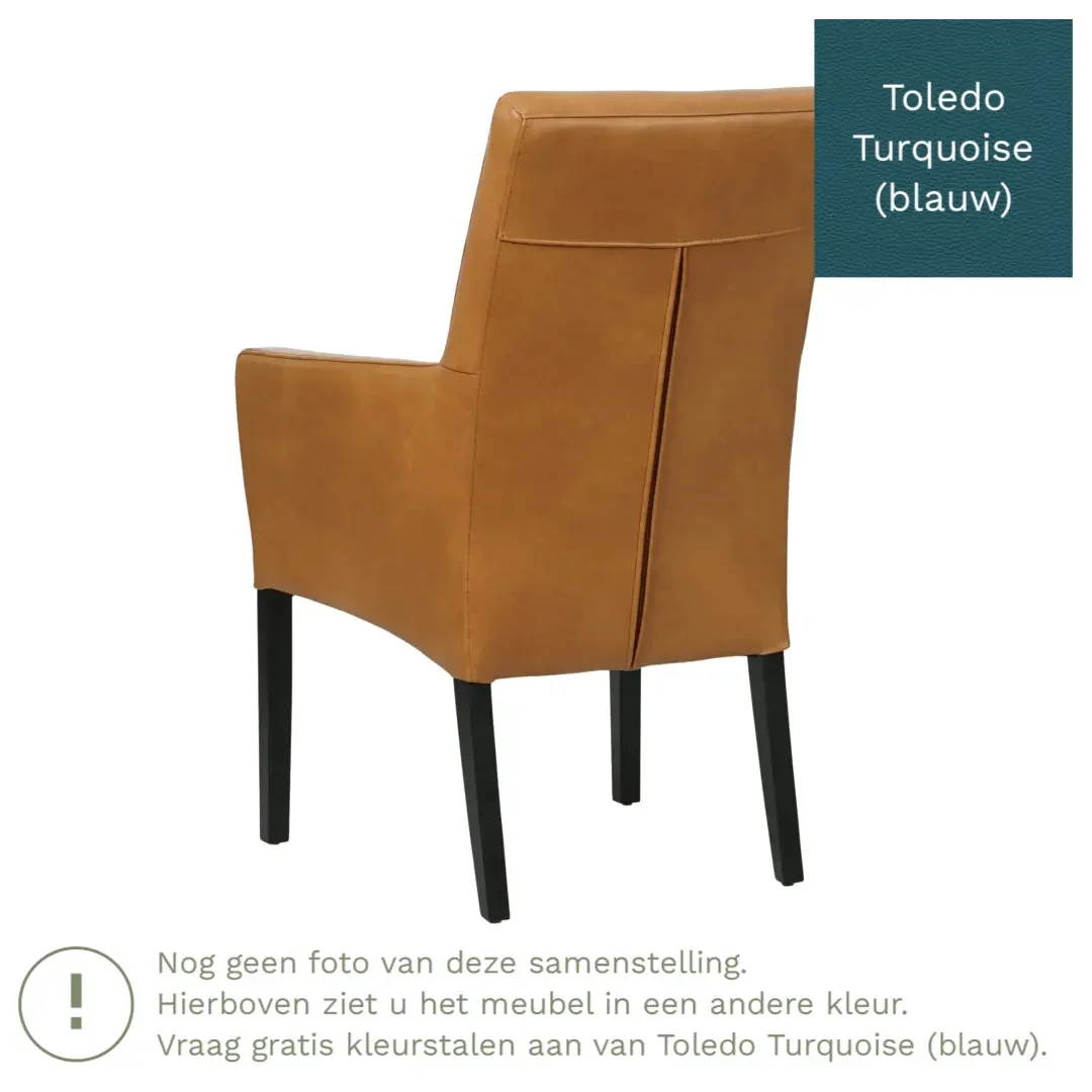afbeelding van Leren eetkamerstoel Just met armleuning - Toledo Turquoise (blauw) - Poten hout zwart