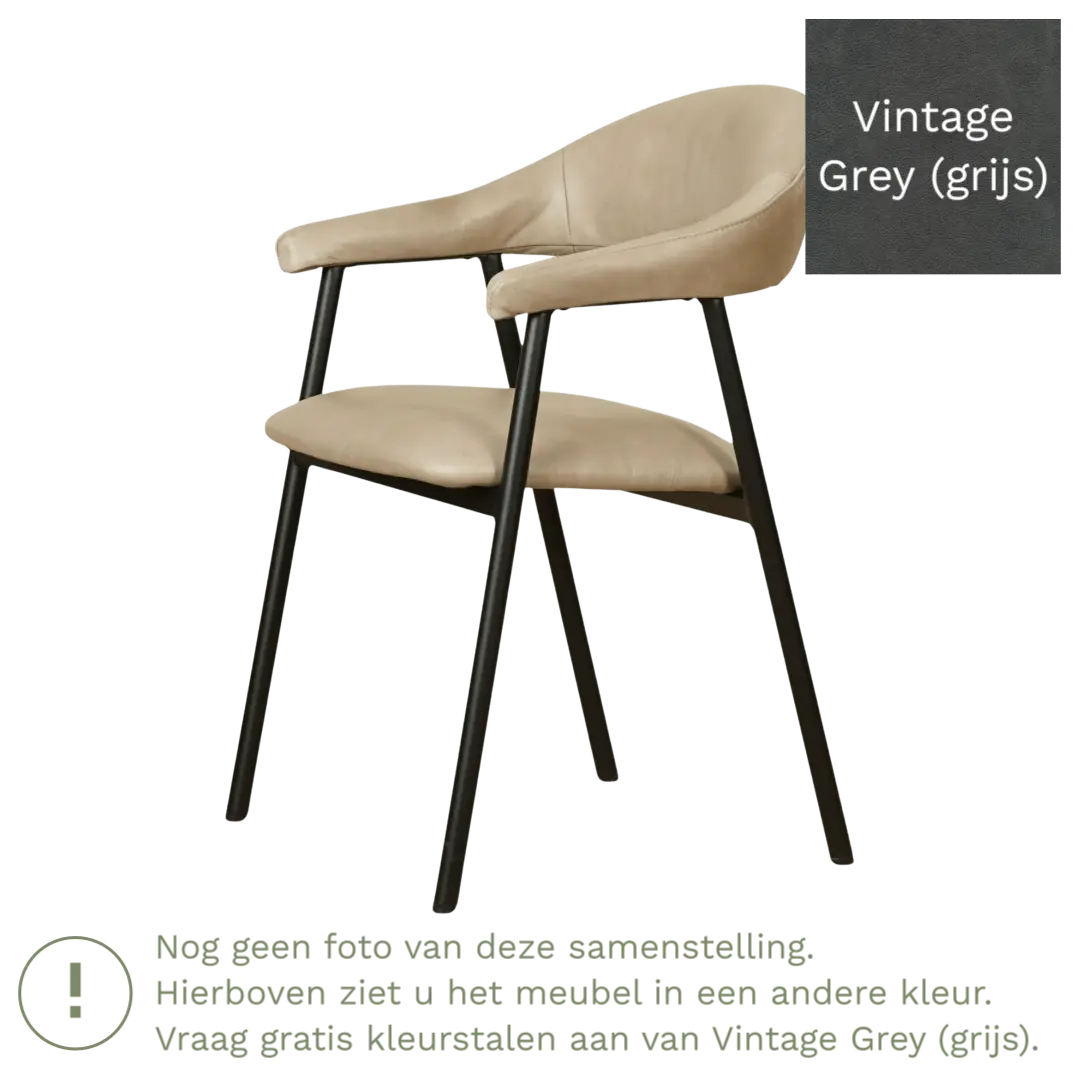 afbeelding van Leren eetkamerstoel met armleuning Line - Vintage Grey (grijs)