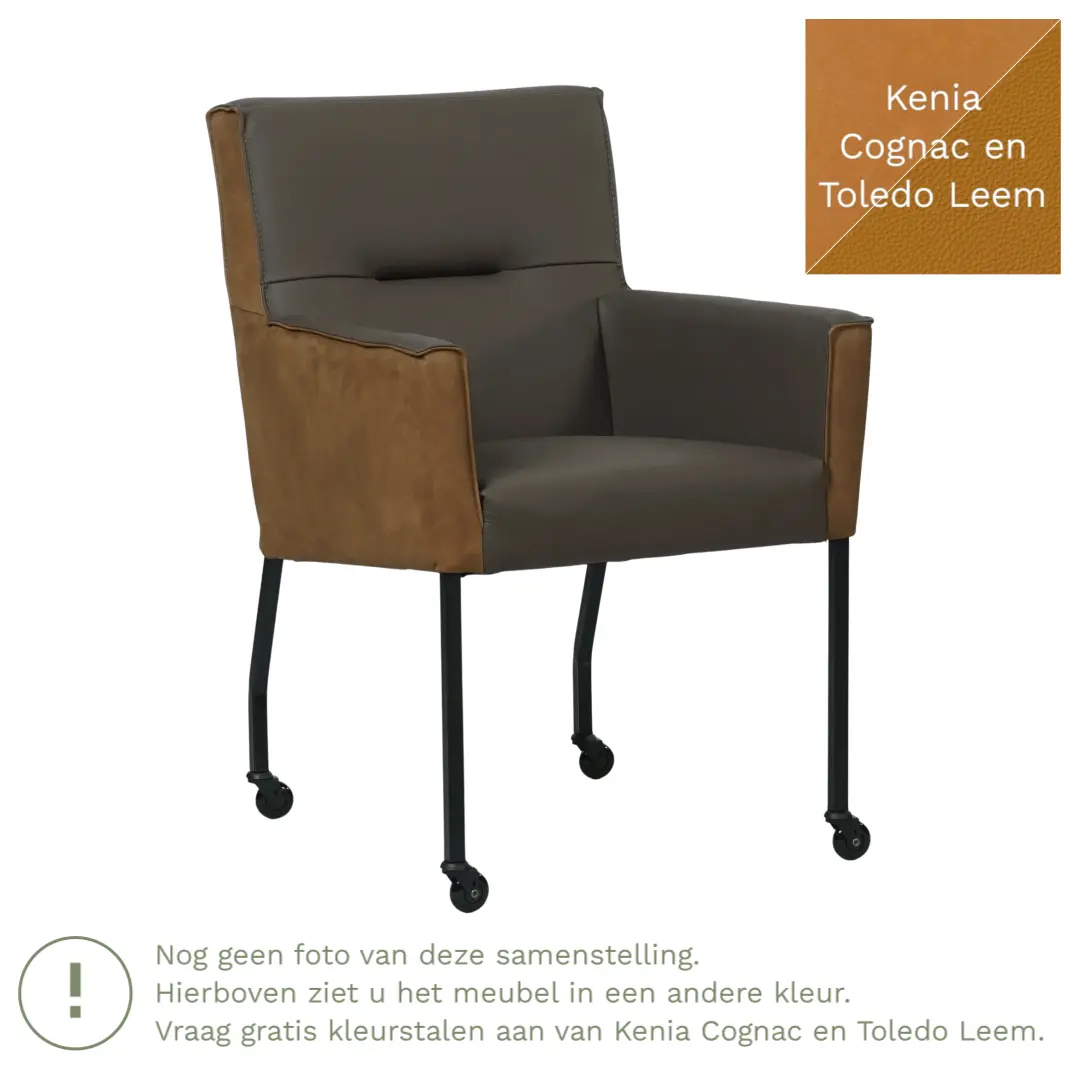 afbeelding van Leren eetkamerstoel Lucky Duo - Kenia Cognac en Toledo Leem - Poten staal vierkant zwart