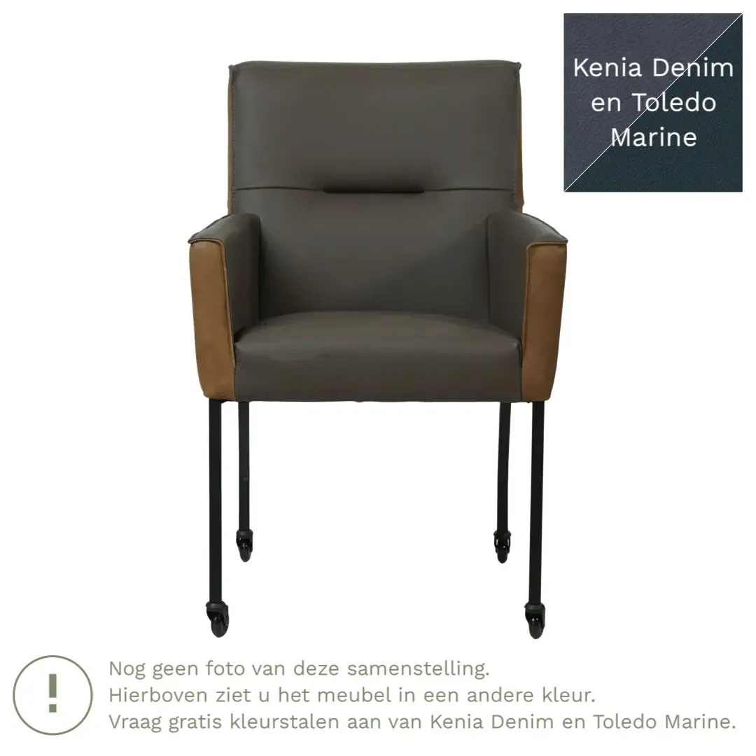 afbeelding van Leren eetkamerstoel Lucky Duo - Kenia Denim en Toledo Marine - Poten staal vierkant zwart