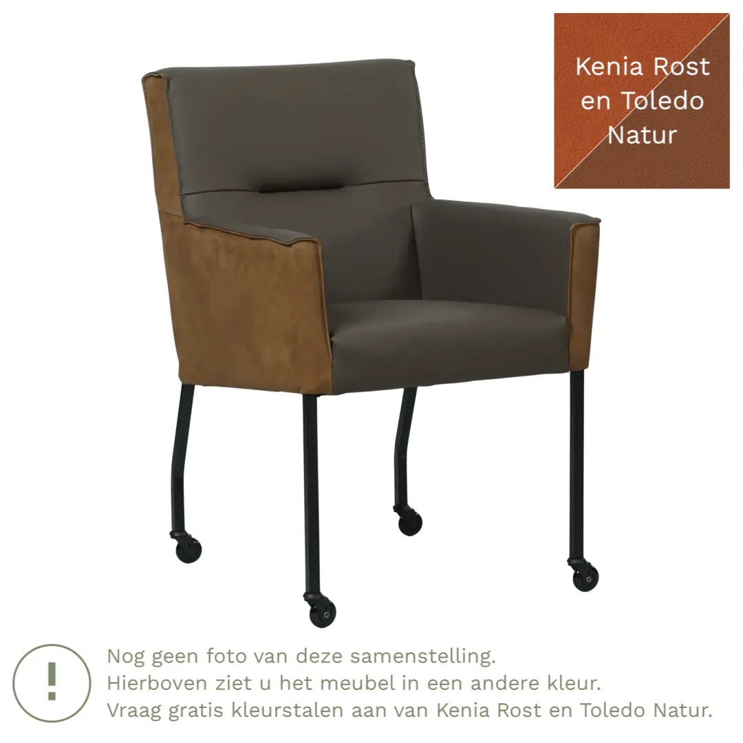 afbeelding van Leren eetkamerstoel Lucky Duo - Kenia Rost en Toledo Natur - Poten staal vierkant zwart