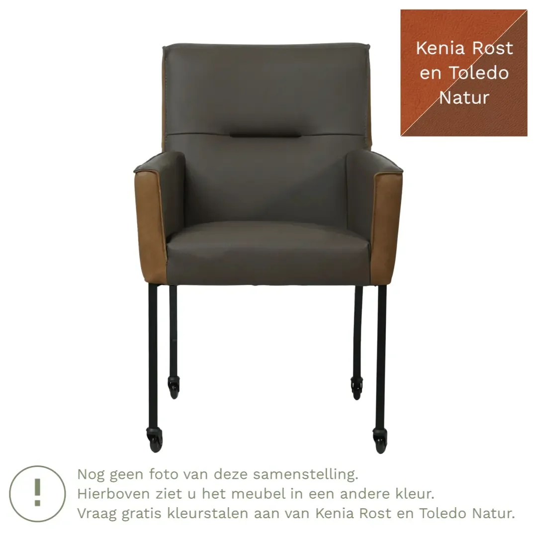 afbeelding van Leren eetkamerstoel Lucky Duo - Kenia Rost en Toledo Natur - Poten staal vierkant zwart
