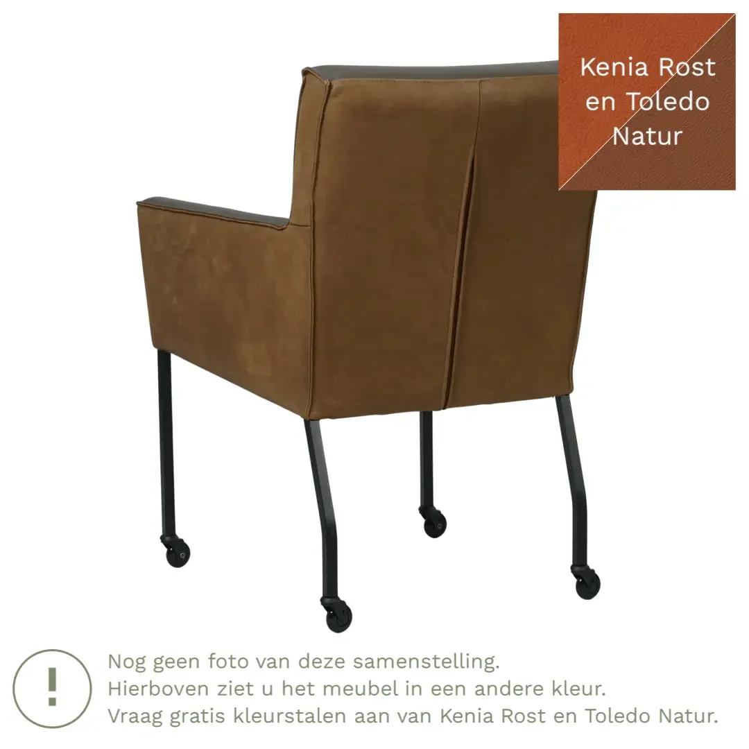 afbeelding van Leren eetkamerstoel Lucky Duo - Kenia Rost en Toledo Natur - Poten staal vierkant zwart