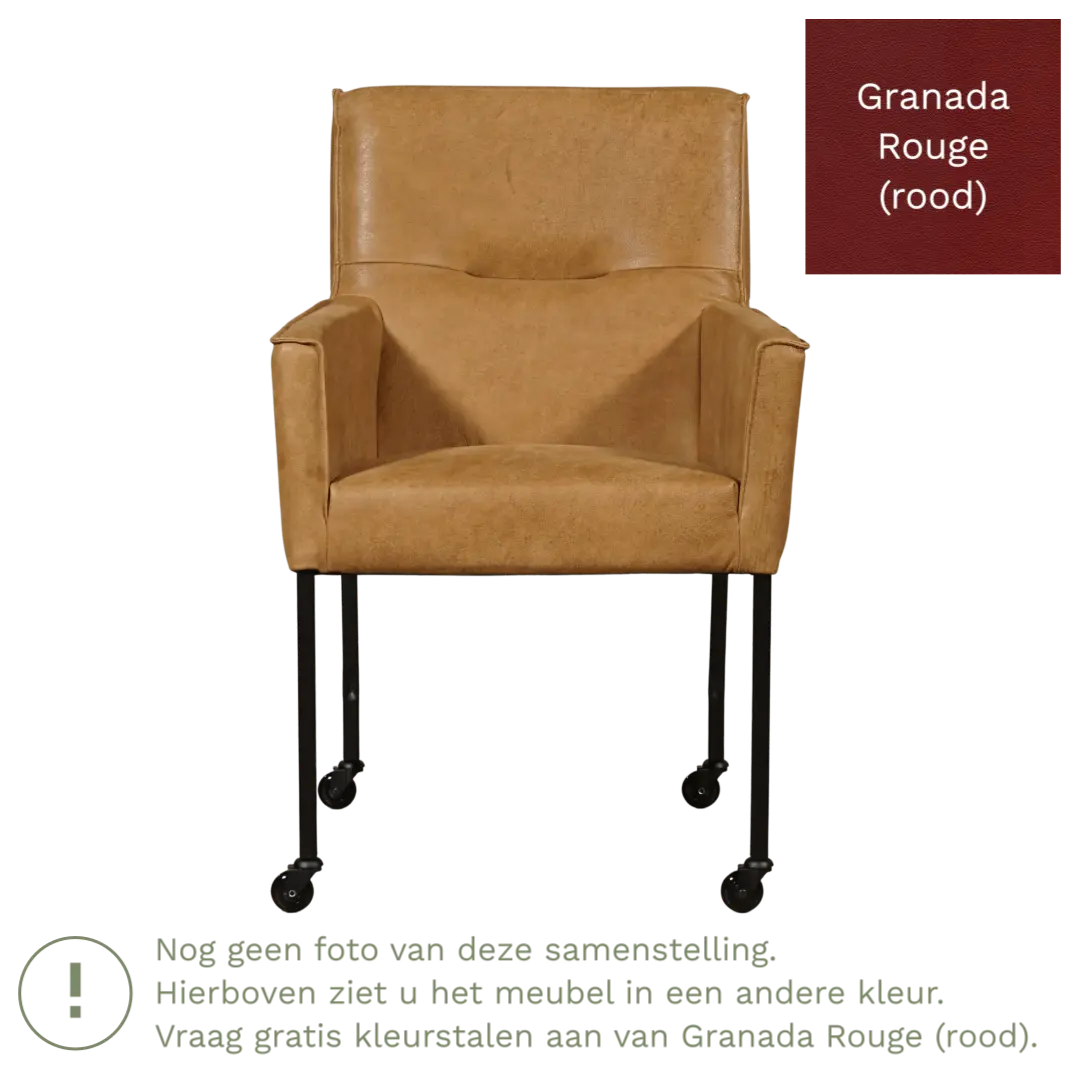 afbeelding van Leren eetkamerstoel met wieltjes en armleuning Lucky - Granada Rouge (rood)