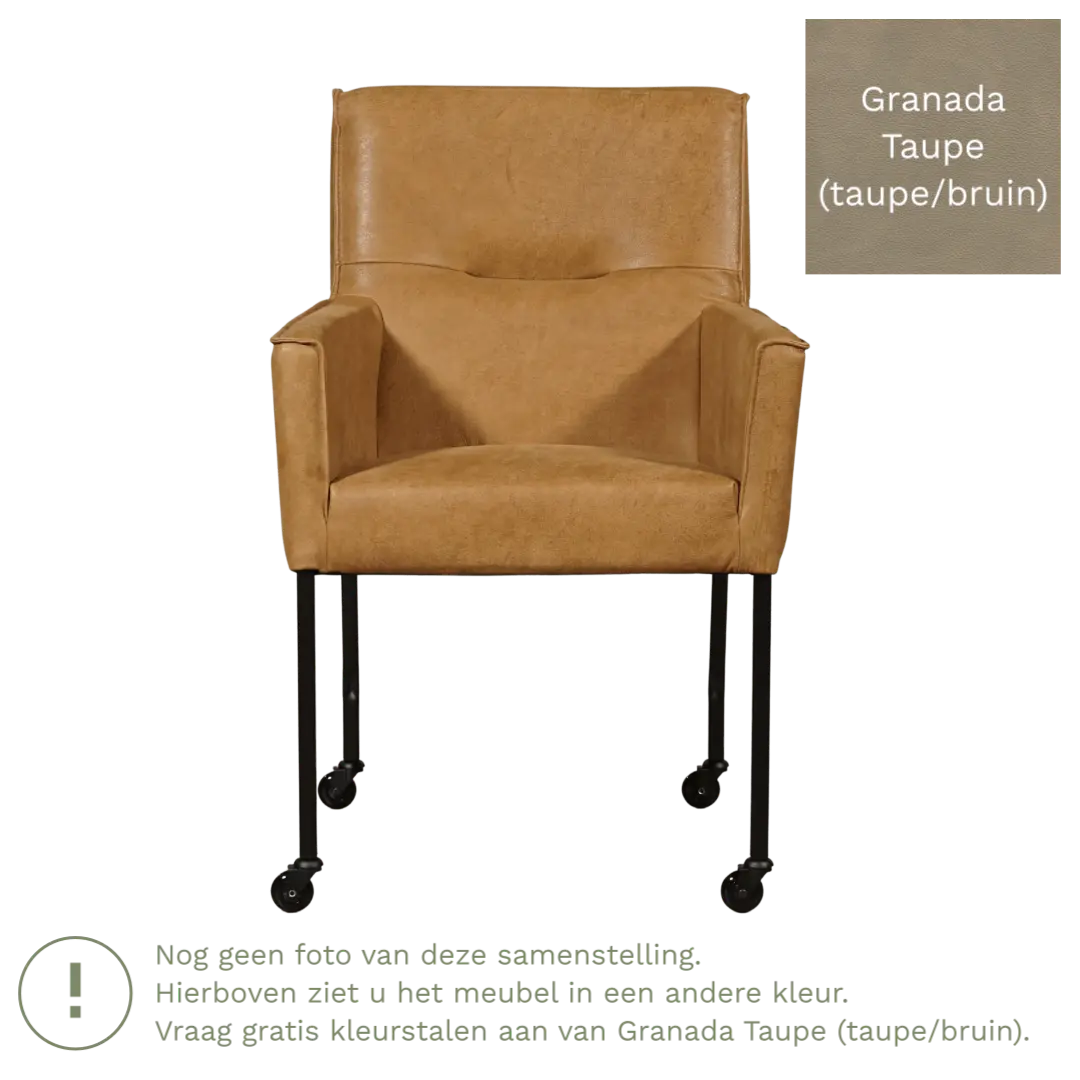afbeelding van Leren eetkamerstoel met wieltjes en armleuning Lucky - Granada Taupe (taupe/bruin)